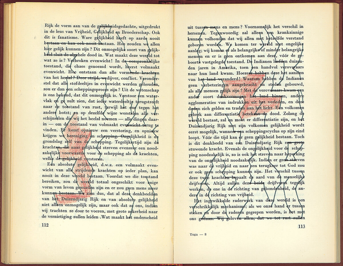 Yoga book, page 112+113 of 204 pages, 21 x 27 cm, ink and colour pencil on book, 1989