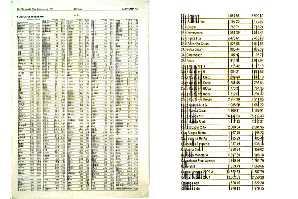 Bolsas (with detail), 40.5 x 28.7 cm, ink on newspaper, 1997