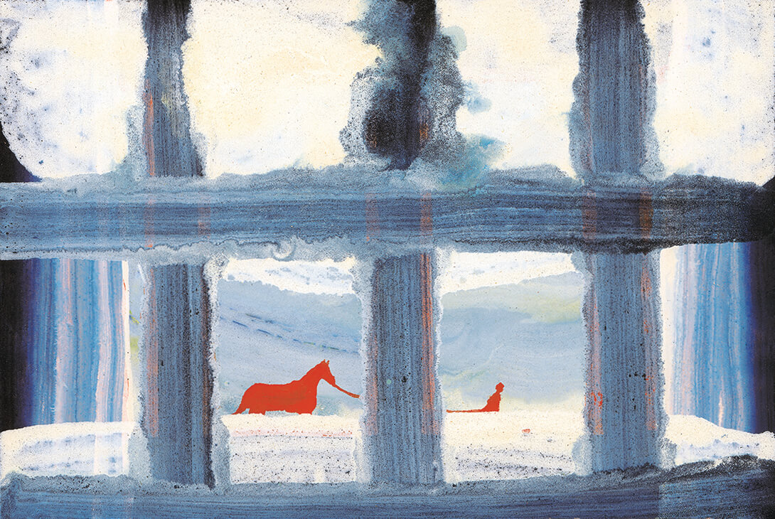 untitled (hombre tira caballo), 16 x 23 cm, egg tempera on paper, 2002