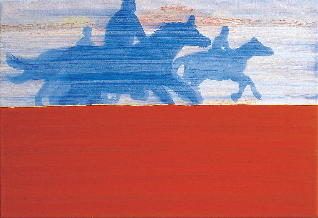 untitled (blue riders), 41 x 61 cm, egg tempera on canvas, 2002