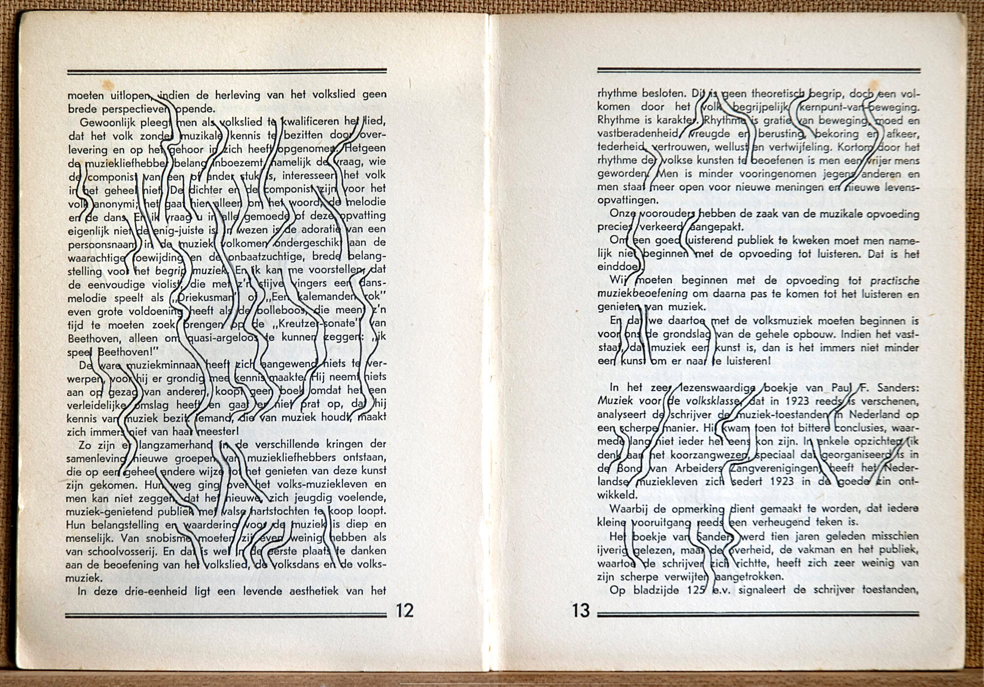 Volksmuziek, page 12+13 of 88 pages, open 20 x 30 cm, ink on book, 2002