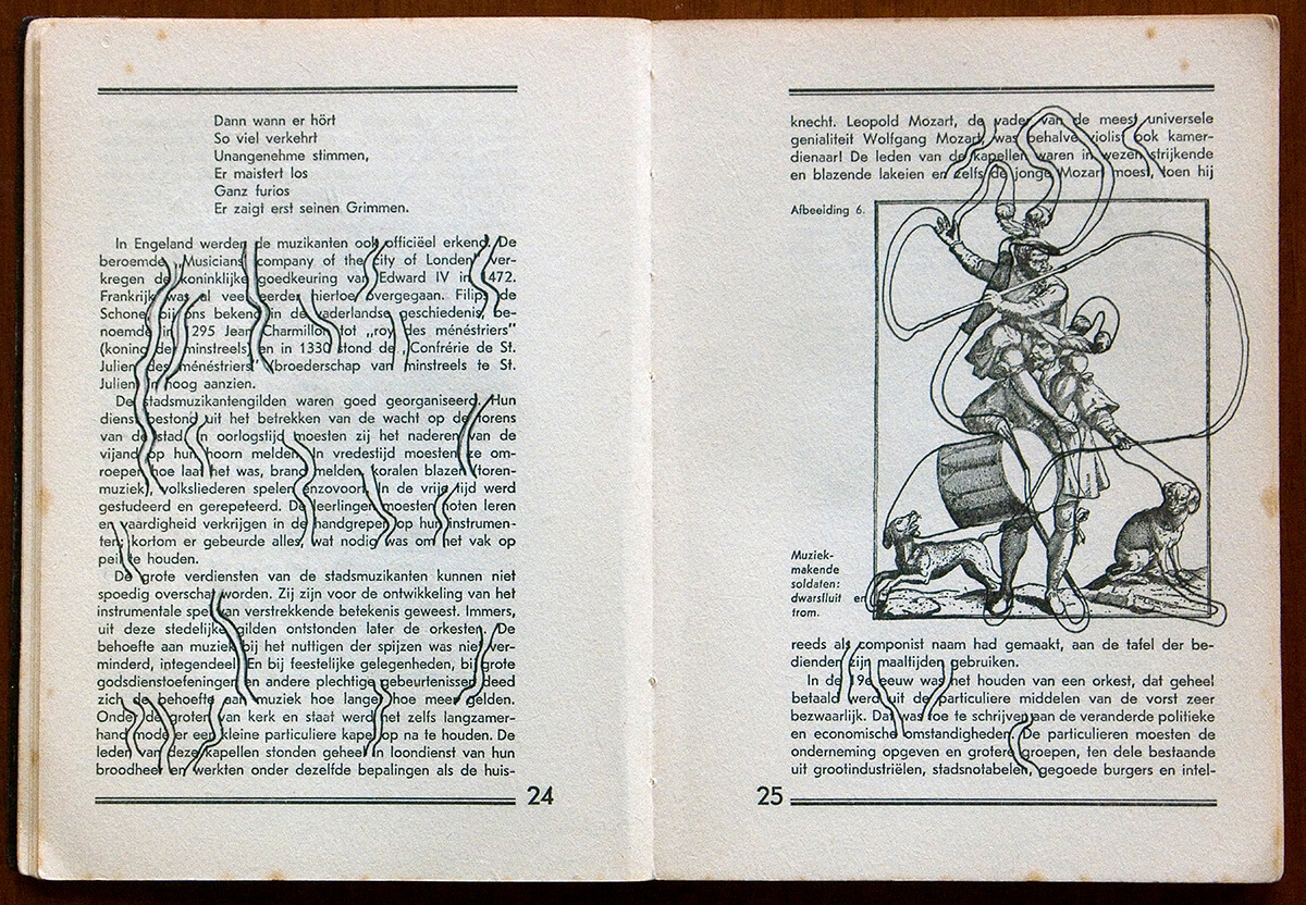 Volksmuziek, page 24+25 of 88 pages, open 20 x 30 cm, ink on book, 2002