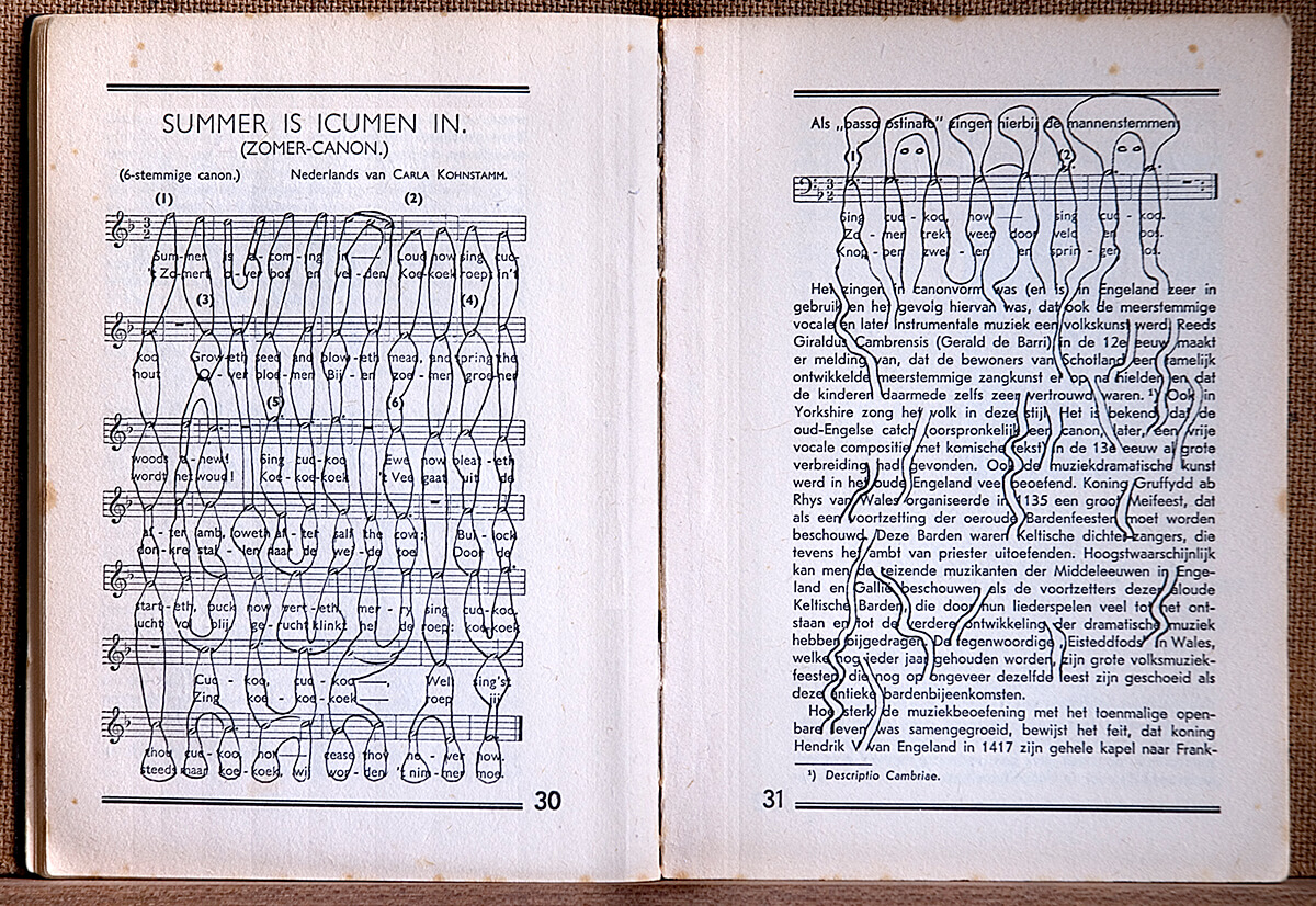Volksmuziek, page 30+31 of 88 pages, open 20 x 30 cm, ink on book, 2002