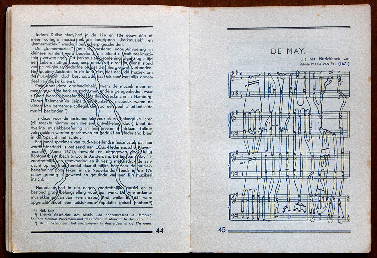 Volksmuziek, page 44+45 of 88 pages, open 20 x 30 cm, ink on book, 2002