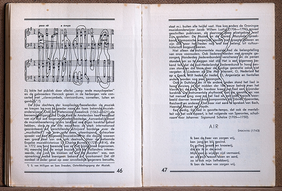 Volksmuziek, page 46+47of 88 pages, open 20 x 30 cm, ink on book, 2002