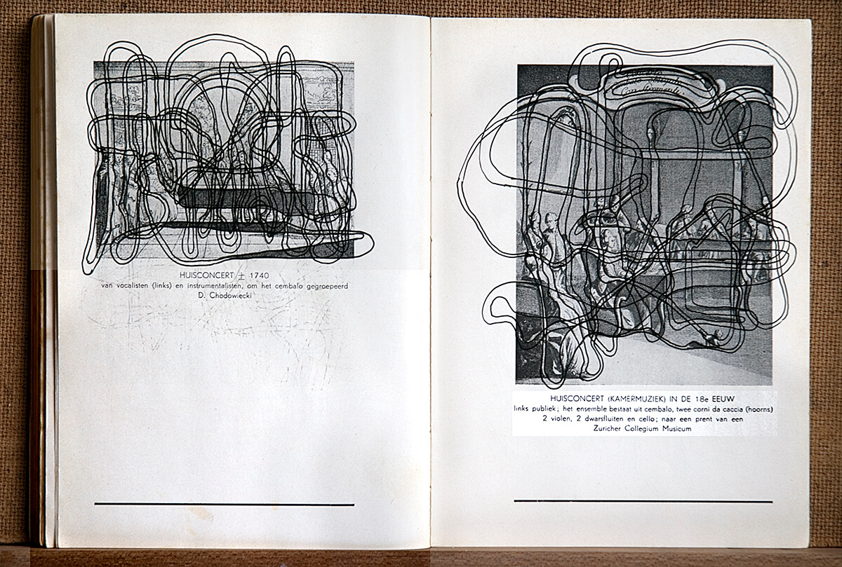 Volksmuziek, page 82+83 (Huisconcert) of 88 pages, open 20 x 30 cm, ink on book, 2002