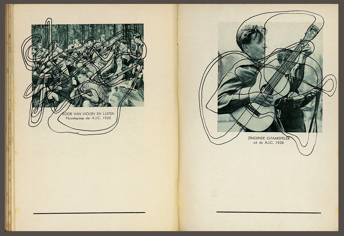 Volksmuziek, page 88+89 (koor van violen) of 88 pages, open 20 x 30 cm, ink on book, 2002
