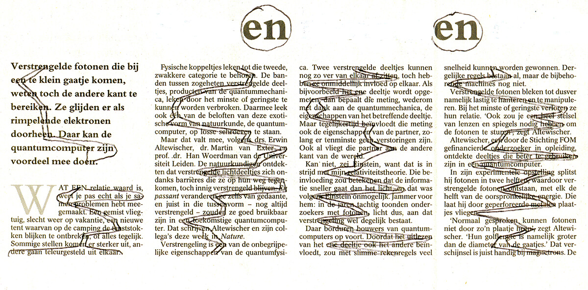 Fotonen (en, en), 13 x 25 cm, ink on newspaper, 2002