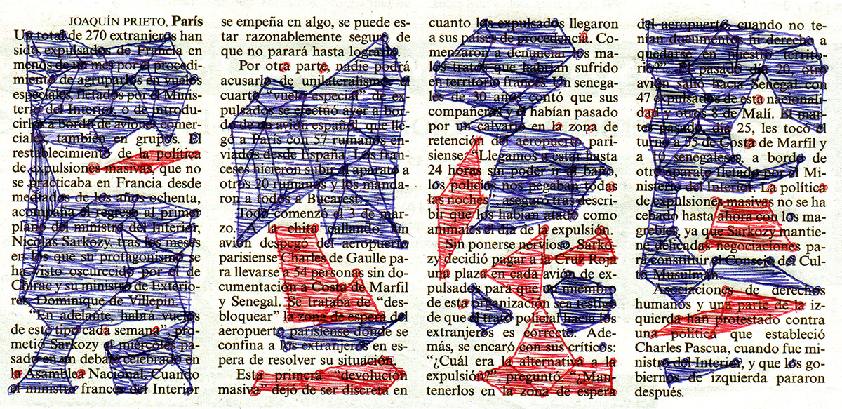270 extranjeros, 14 x 28 cm, ink on newspaper, 2003
