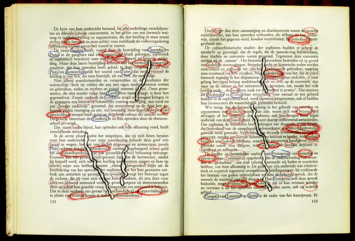 Hellas, page 132+133 of 264 pages, 38 x 25 cm, 2004, ink on book, 2004