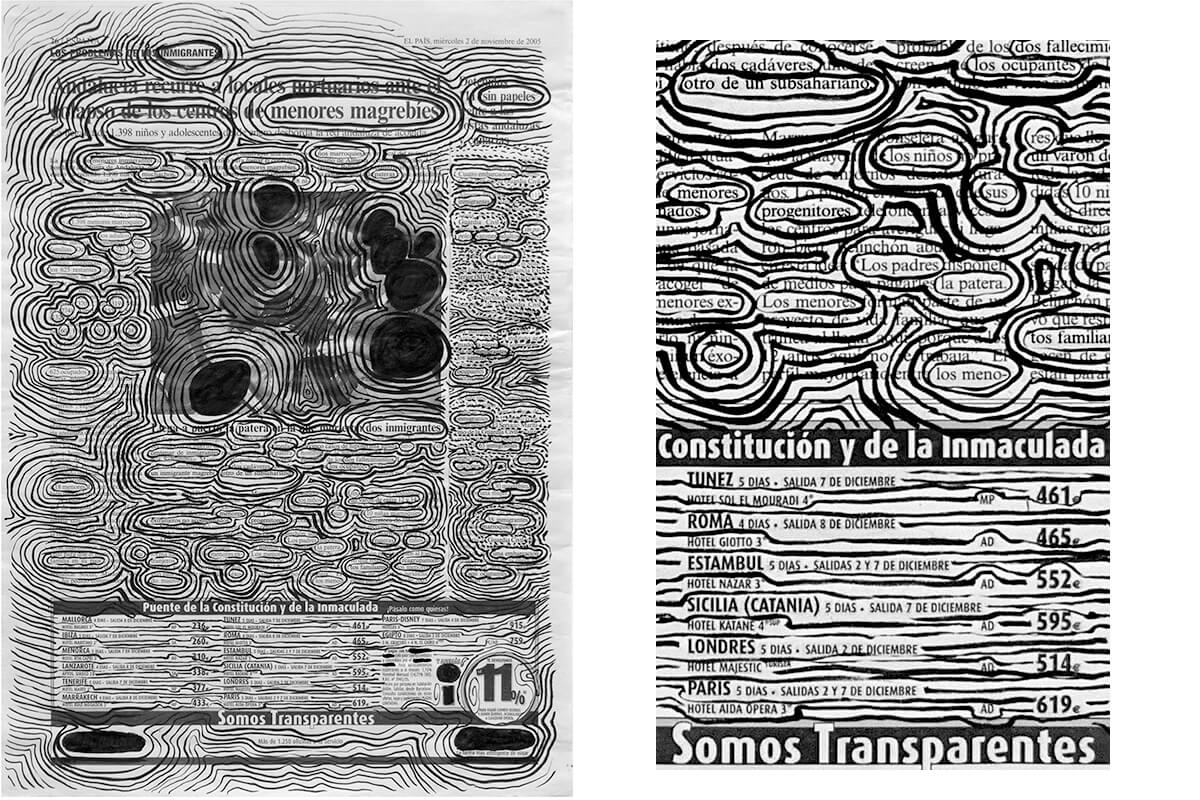 Menores magrebies (with detail), 42 x 30 cm, ink on newspaper, 2005