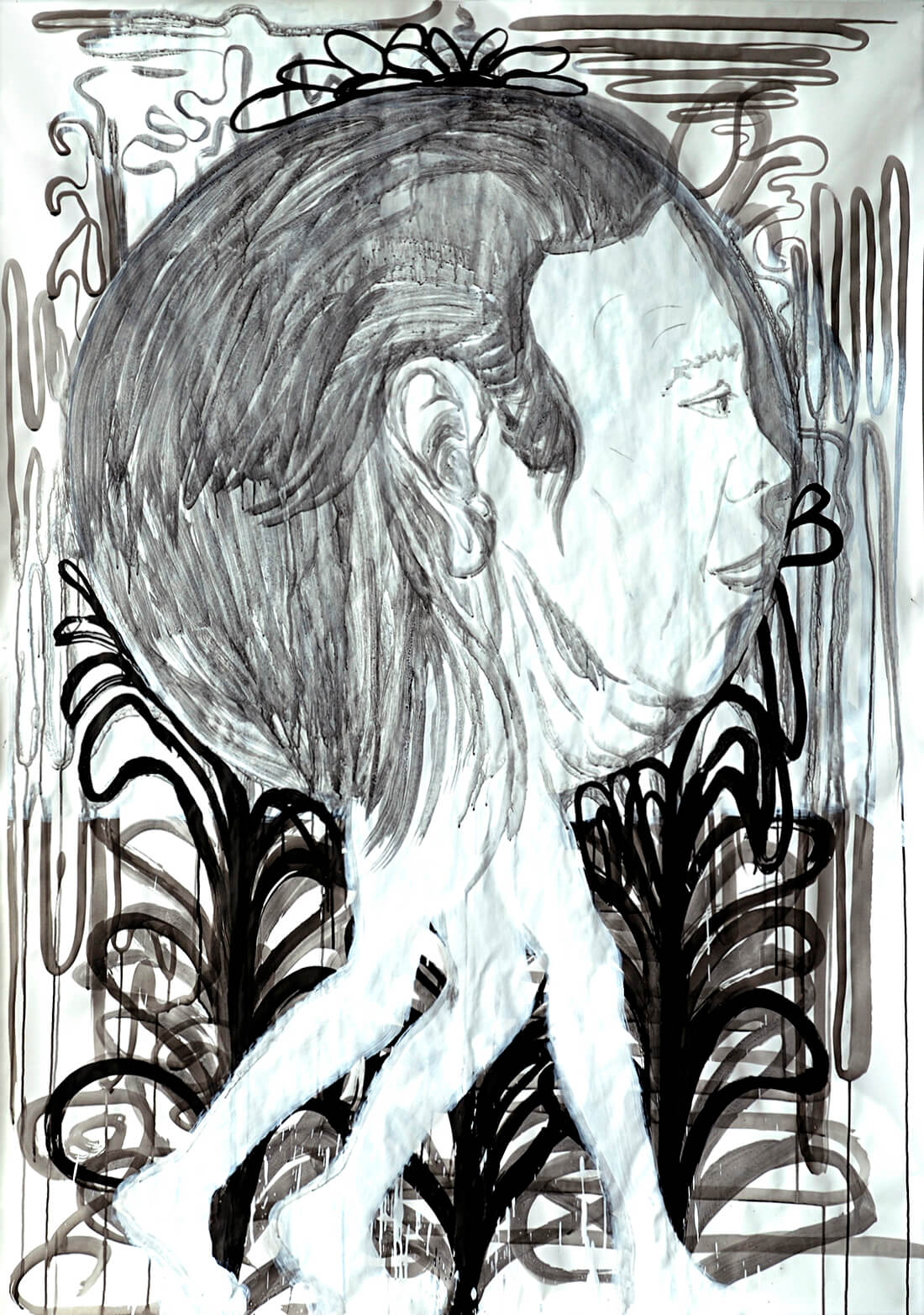 untitled (3-legged head), 210 x 130 cm, mixed media on paper, 2007