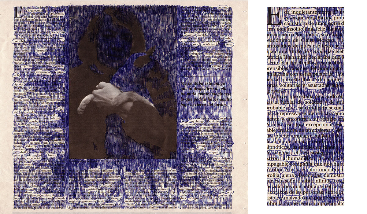 Inquietante (with detail), 25 x 29 cm, ink on newspaper, 2010