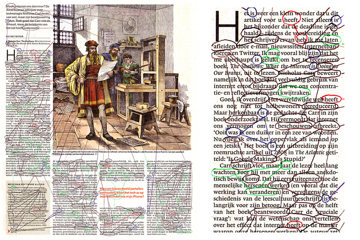 Maakt internet ons (with detail), 36 x 28, ink on newspaper, 2010
