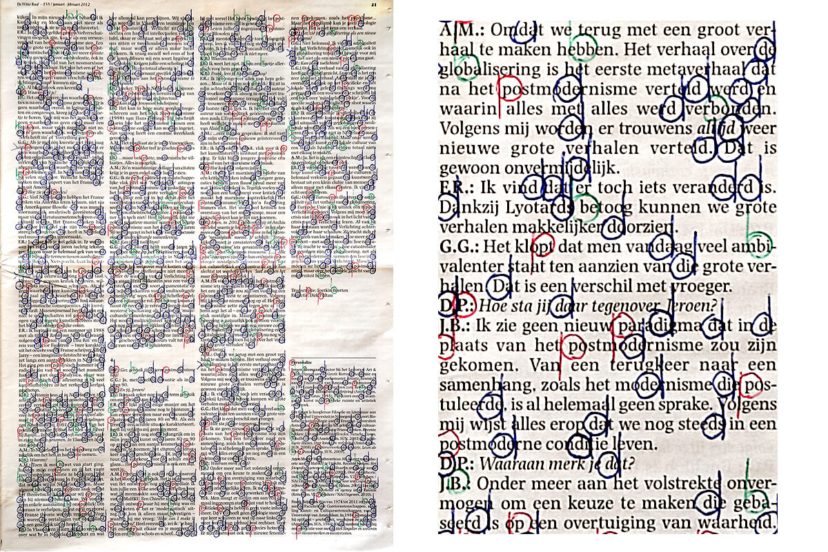 Kijken (with detail), 40,5 x 29,5 cm, ink on newspaper, 2012