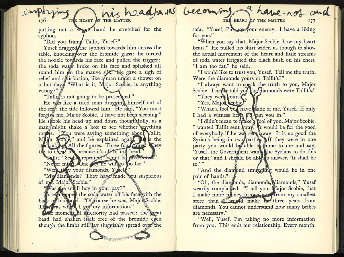 The Heart. page 176+177 of 334 pages, 17.7 x 23,7cm, ink on book, 2013