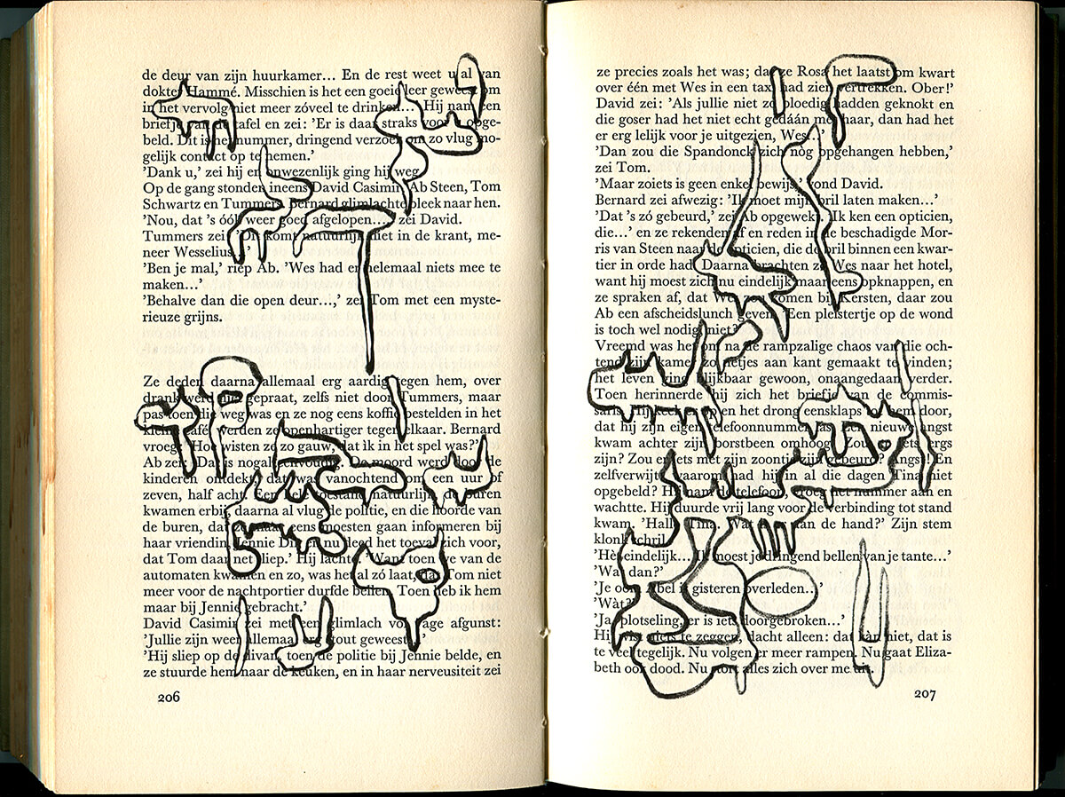 De Dagen zijn geteld, page 206 + 207 of 277 pages, 20,5 x 27 cm, ink on book, 2014