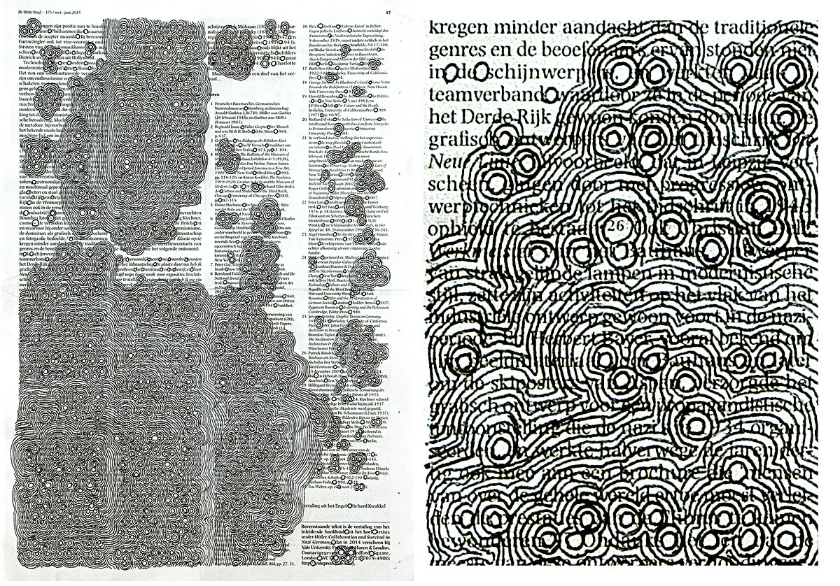 Zijn positie (with detail) 40,5 x 28,5 cm, ink on newspaper, 2015