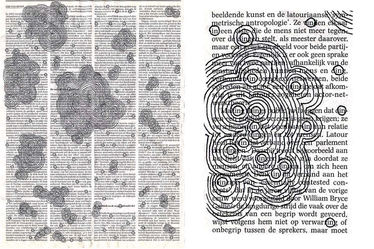 In 2005 verschijnt (with detail), 32,2 x 26,8 cm, ink on newspaper, 2016
