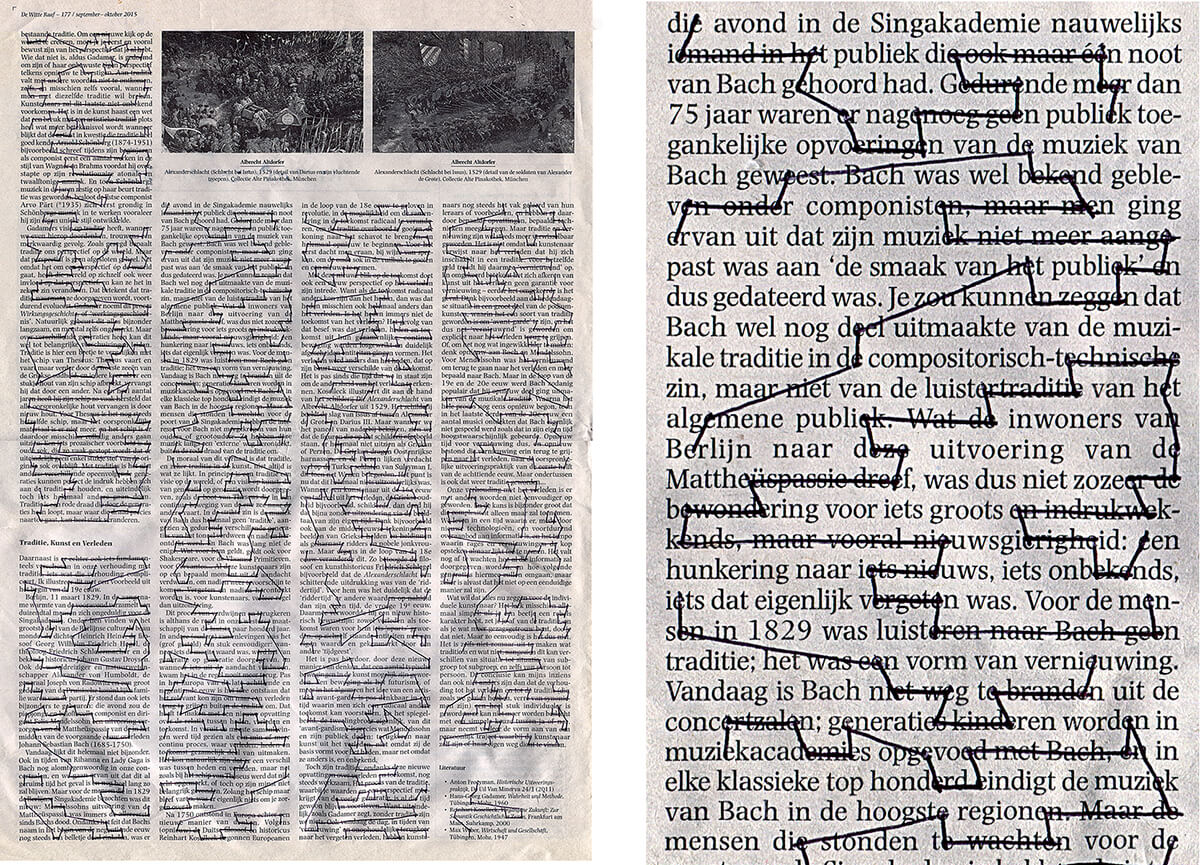 Bestaande traditie (with detail), 40,5 x 28,2 cm, ink on newspaper, 2016