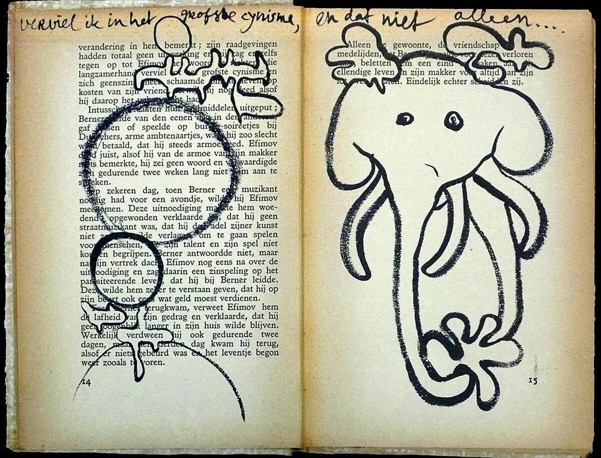 Netouchka, page 14+15 of 217 pages,19 x 25 cm, ink on book, 2016