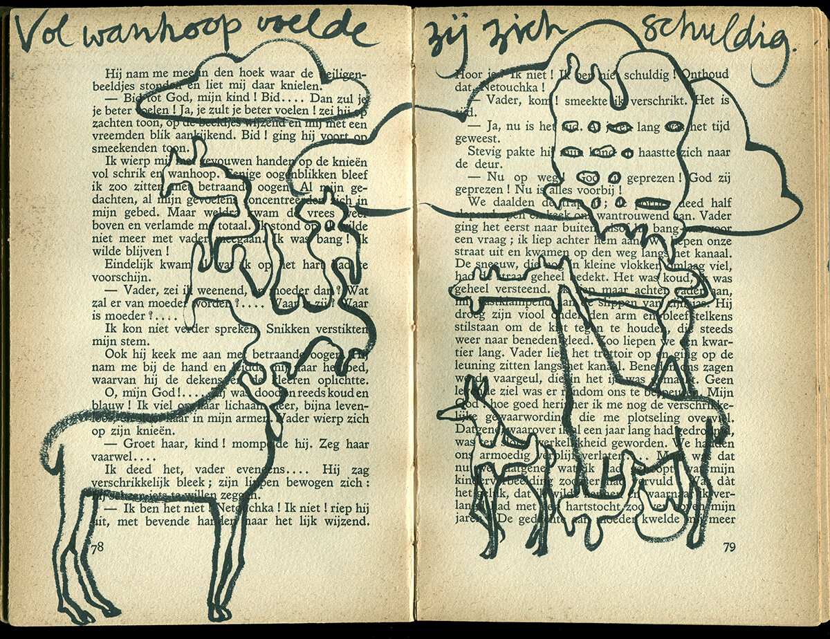Netouchka, page 178+179 of 217 pages,19 x 25 cm, ink on book, 2016