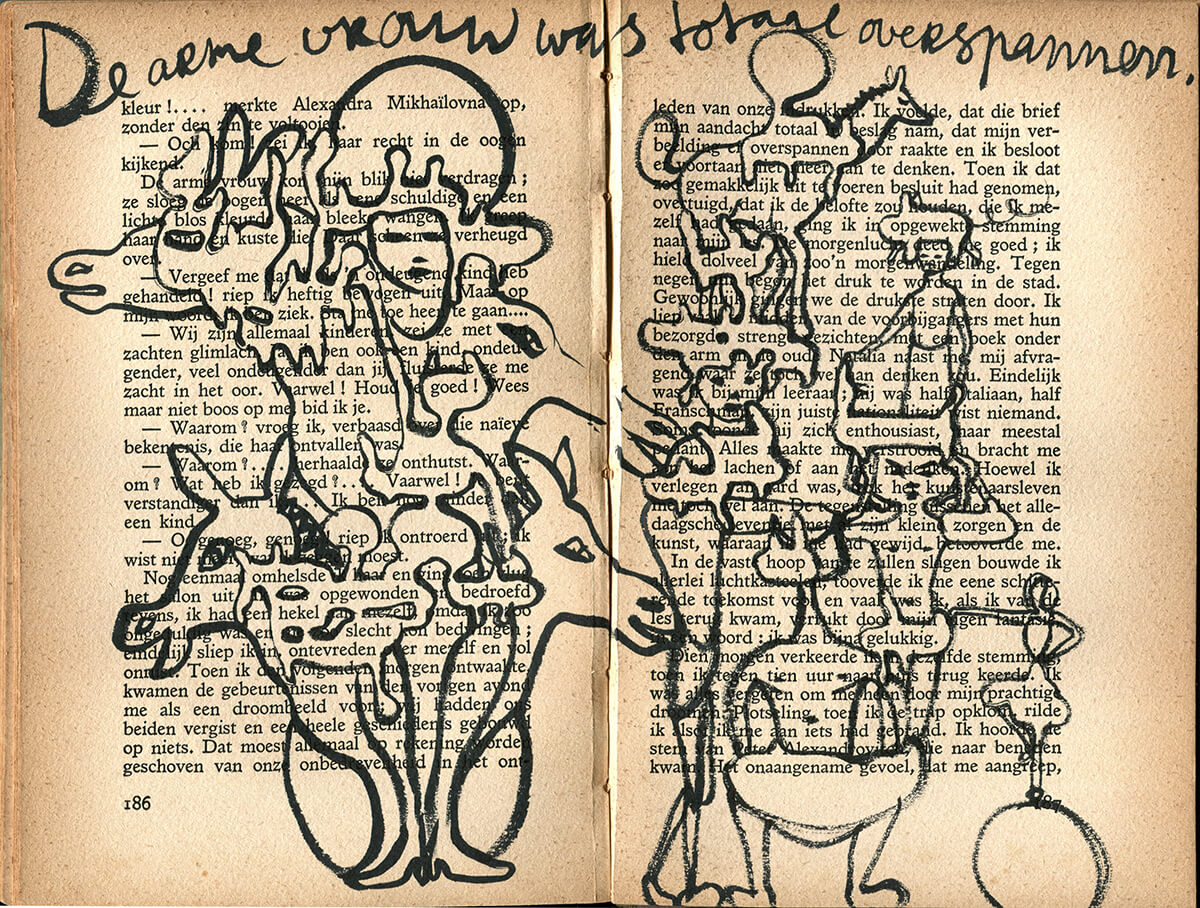 Netouchka, page 186+187 of 217 pages,19 x 25 cm, ink on book, 2016