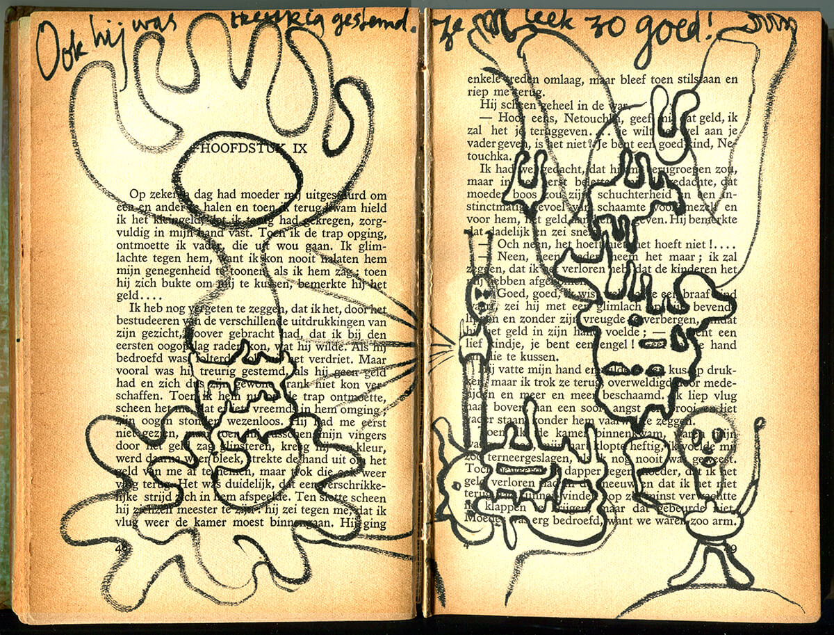 Netouchka, page 48+49 of 217 pages,19 x 25 cm, ink on book, 2016