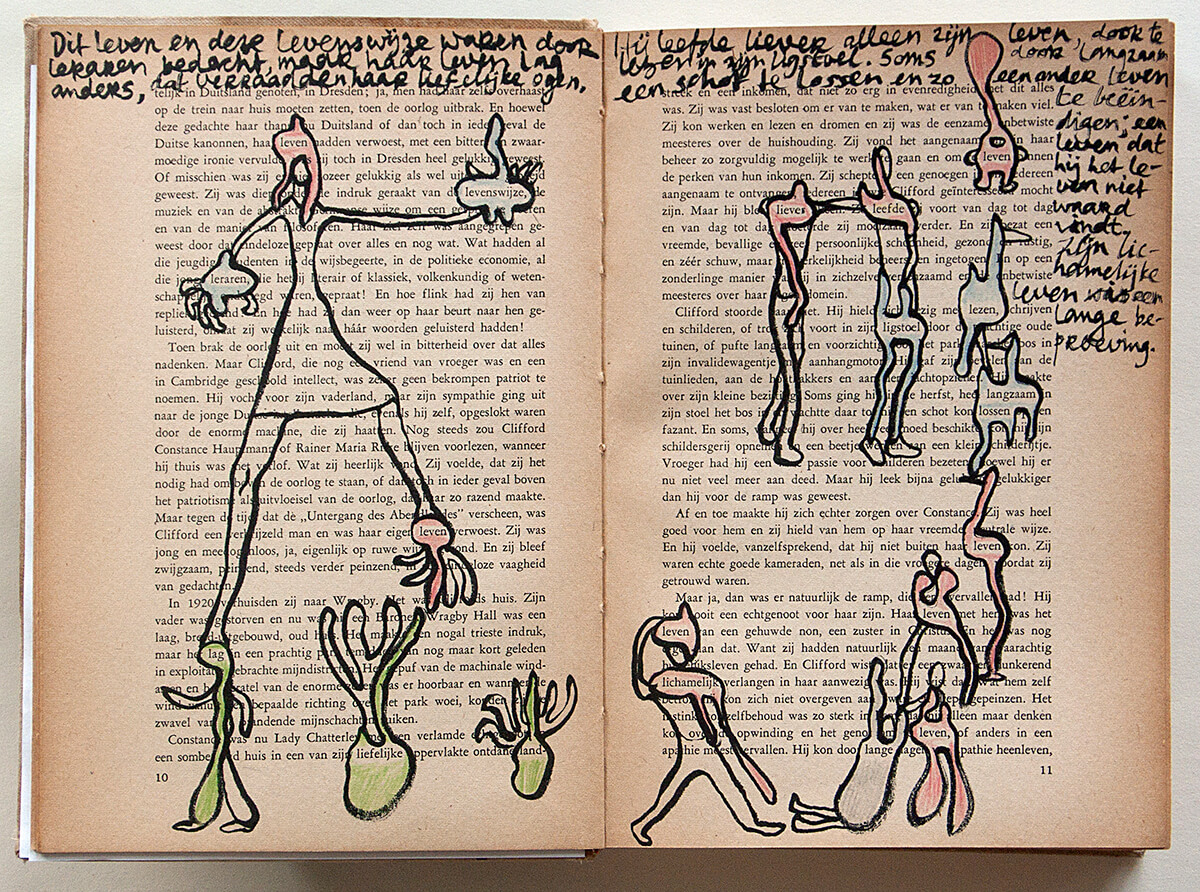 Lady Chatterly, page 10 + 11 of 266 pages, 22.5 x 31 cm, ink and colour pencil on book, 2017