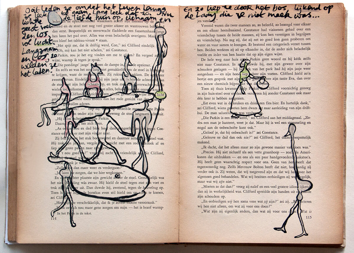 Lady Chatterly, page 14 + 15 of 266 pages, 22.5 x 31 cm, ink and colour pencil on book, 2017