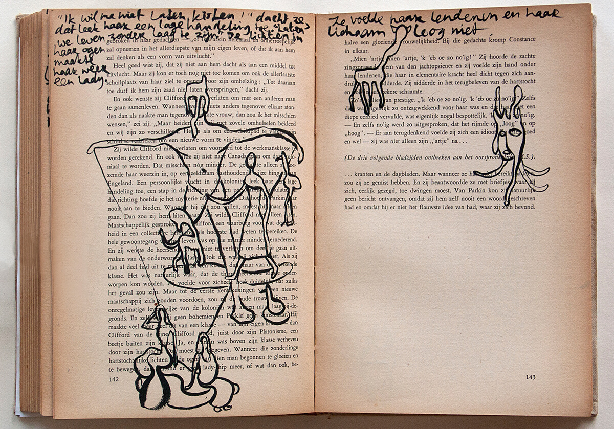 Lady Chatterly, page 142 + 143 of 266 pages, 22.5 x 31 cm, ink on book, 2017