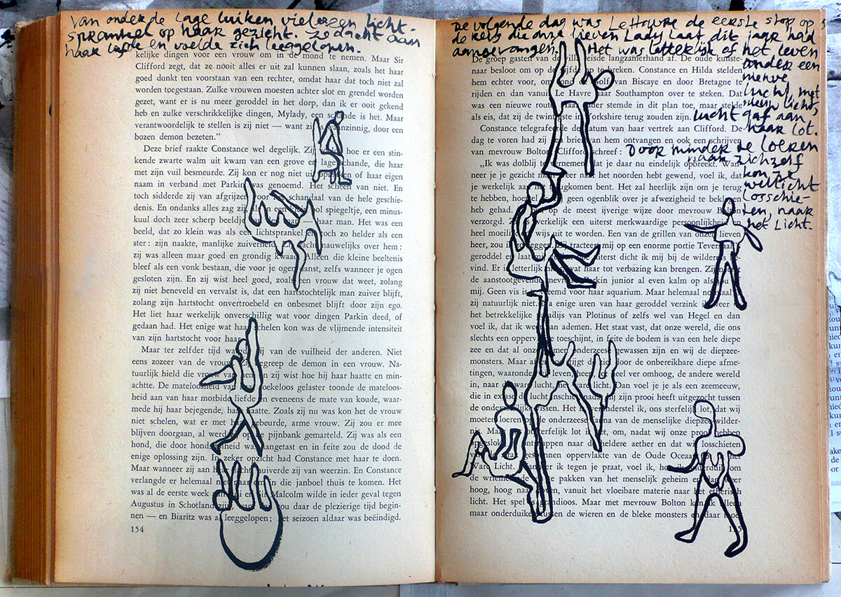 Lady Chatterly, page 154 + 155 of 266 pages, 22.5 x 31 cm, ink on book, 2017