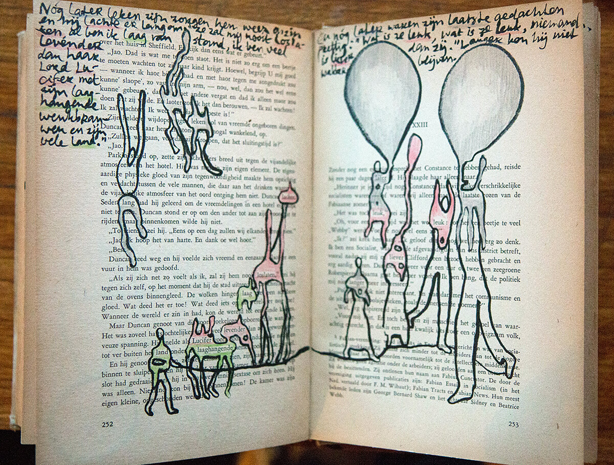 Lady Chatterly, page 252 + 253 of 266 pages, 22.5 x 31 cm, ink and colour pencil on book, 2017