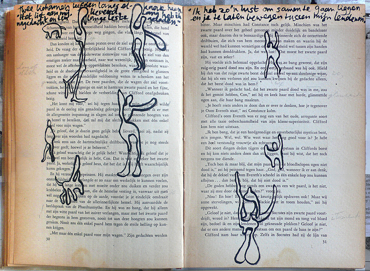 Lady Chatterly, page 30 + 31 of 266 pages, 22.5 x 31 cm, ink on book, 2017
