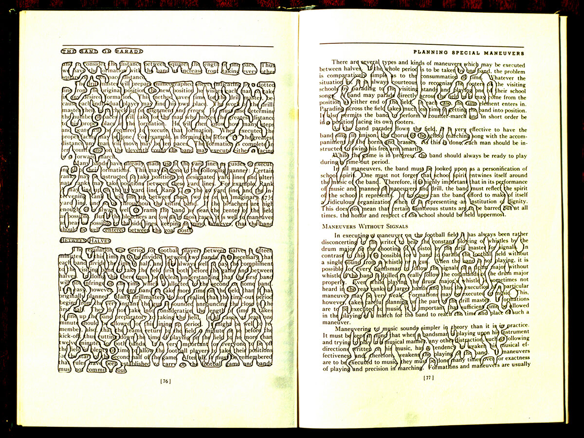 The Band on Parade, page 76+77 van 115 pages, 29 x 21 cm, ink on book, 2004